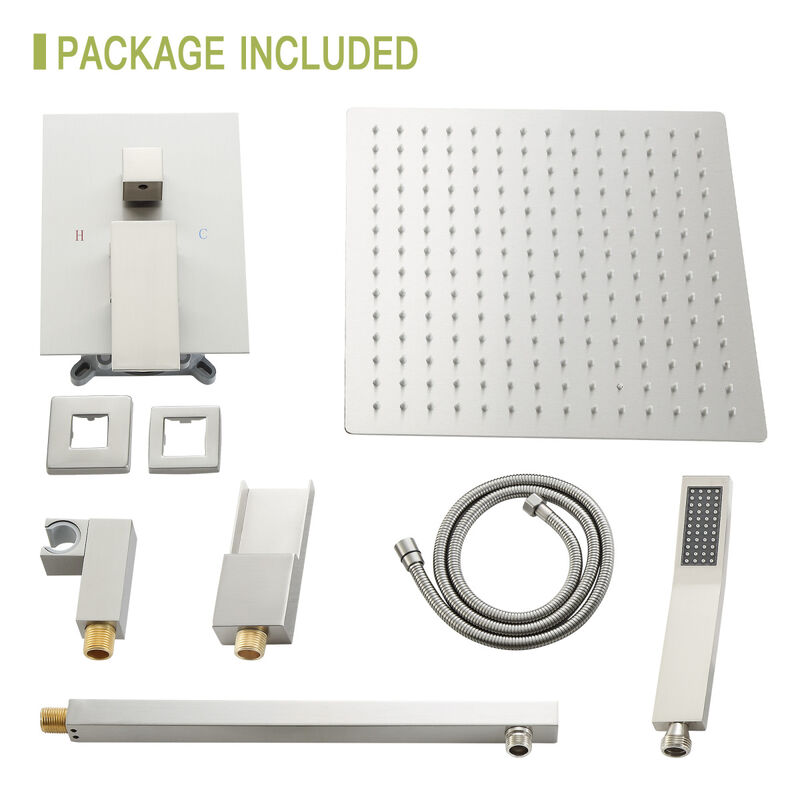 12" Rain Shower Head Systems With Waterfall Tub Spout, Brushed Nickel, Ceiling Mounted Shower