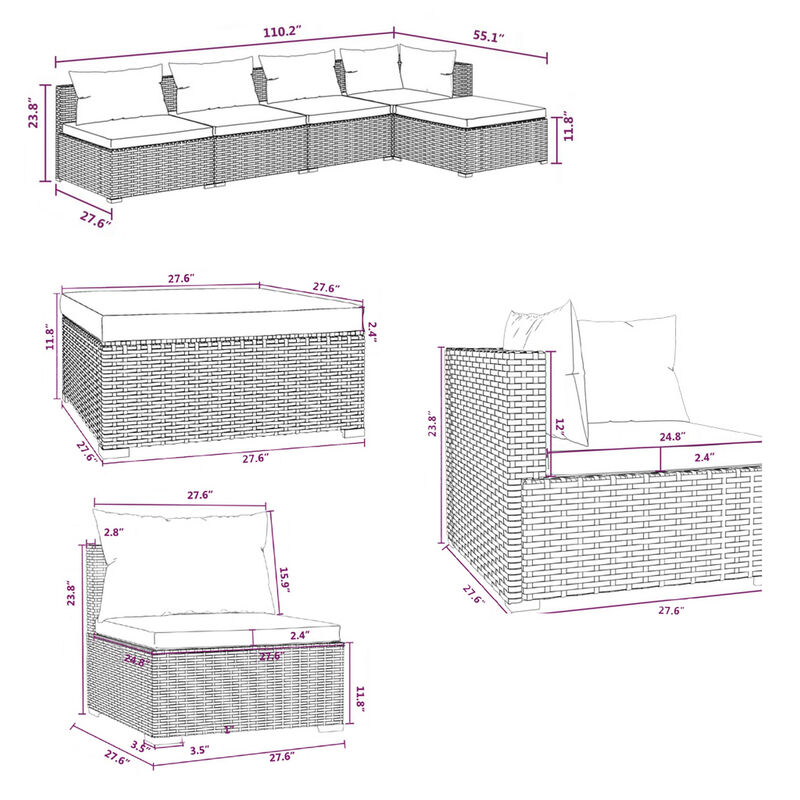 5pc Outdoor Modular Sectional Sofa Set, Red Cushions, Brown Rattan - Benzara