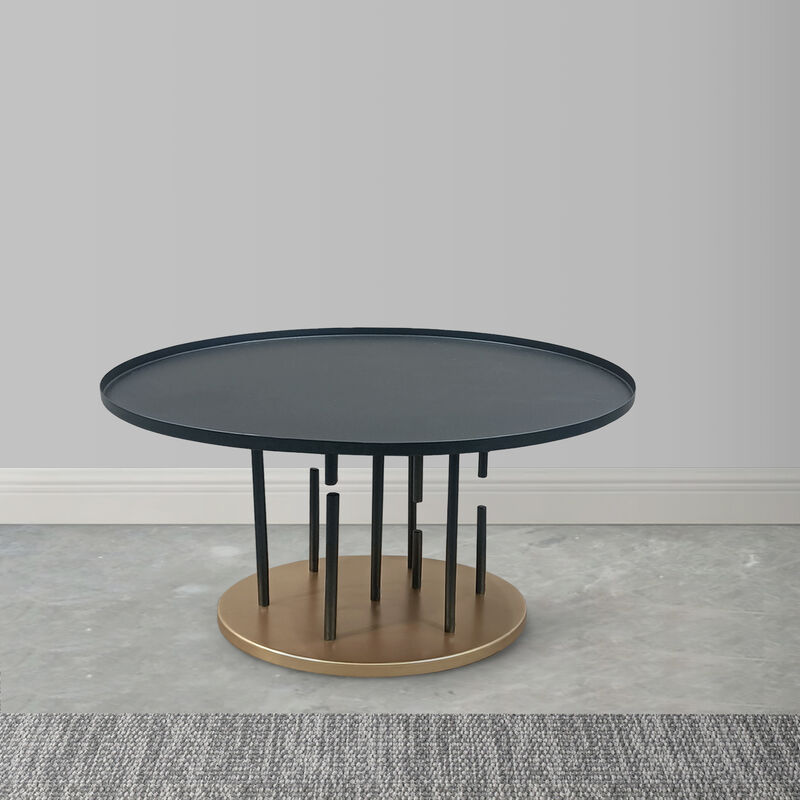 Neci 31 Inch Coffee Table, Round Matte Black Tray Top, Modern Rod Supports with Brass Base