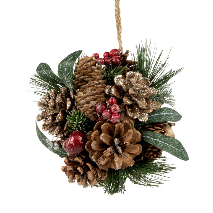 6" Green Mixed Foliage  Pinecone and Berries Hanging Christmas Ball Ornament