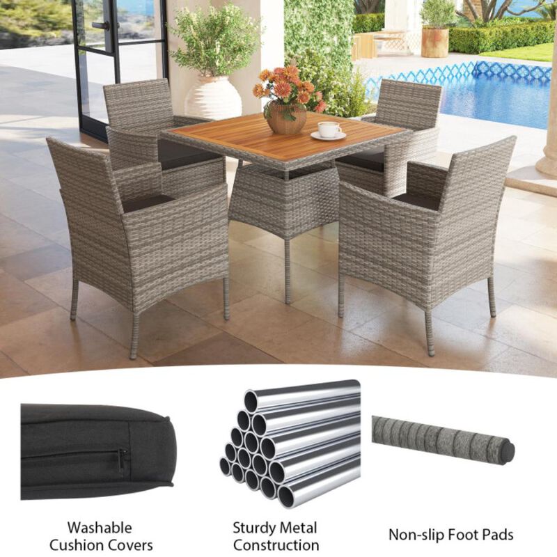 Hivvago 5 Pieces PE Wicker Patio Dining Set Outdoor Acacia Wood Table and Chairs