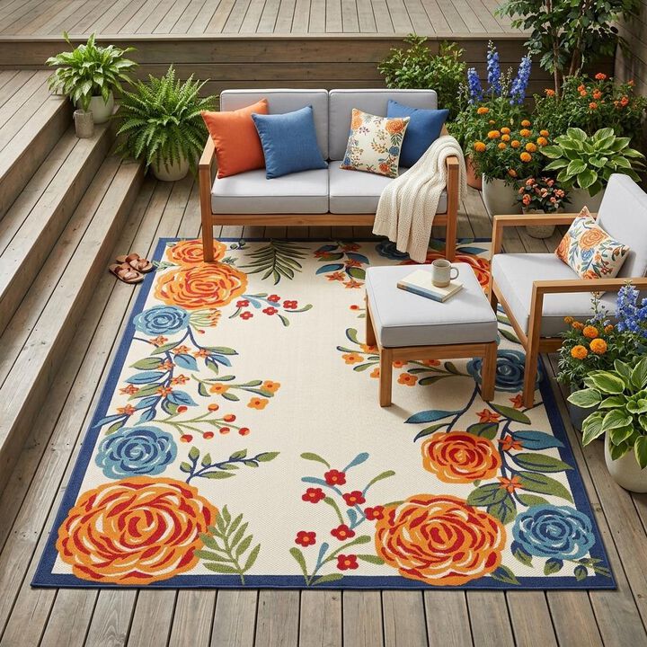 HomeRoots Round Floral Indoor Outdoor Area Rug