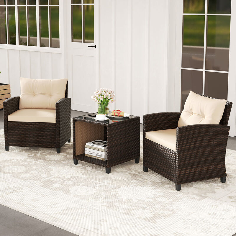 3 Piece Patio Sofa Set Wicker Chairs and Coffee Table with Storage