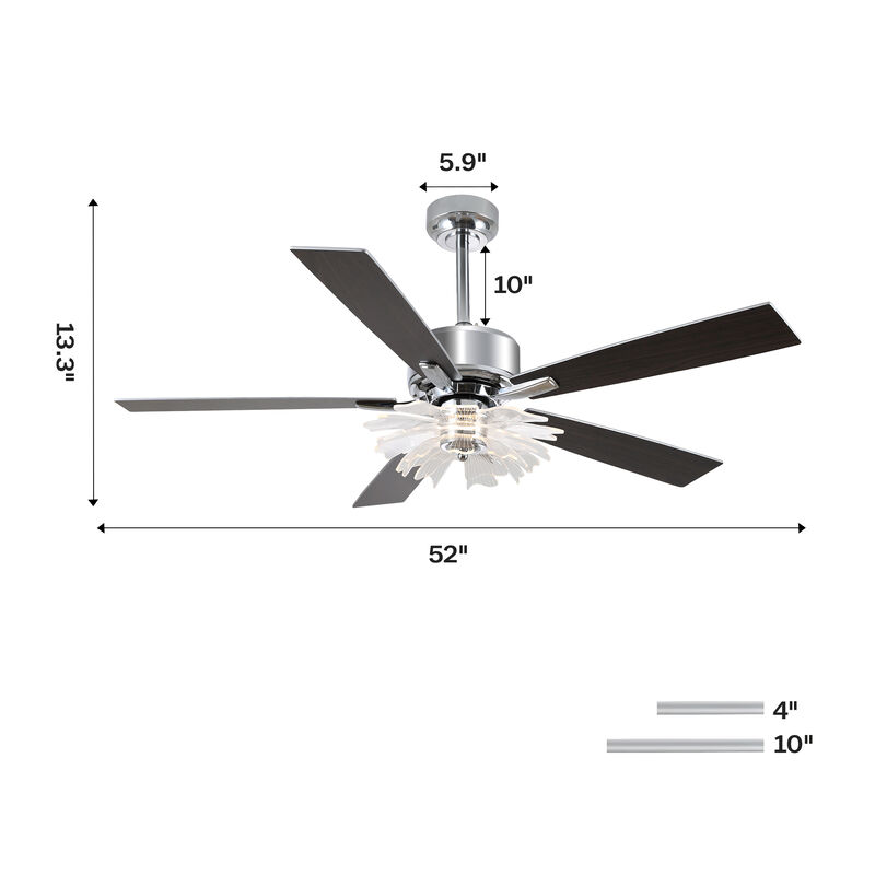 52" Modern Chrome Dimmable Reversible Ceiling Fan with Lotus-shaped Light Guide Plate and Remote