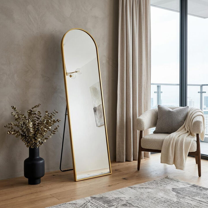 HomeRoots 57" Gold Aluminum Arch Freestanding And Wall Mounted Framed Full Length Mirror