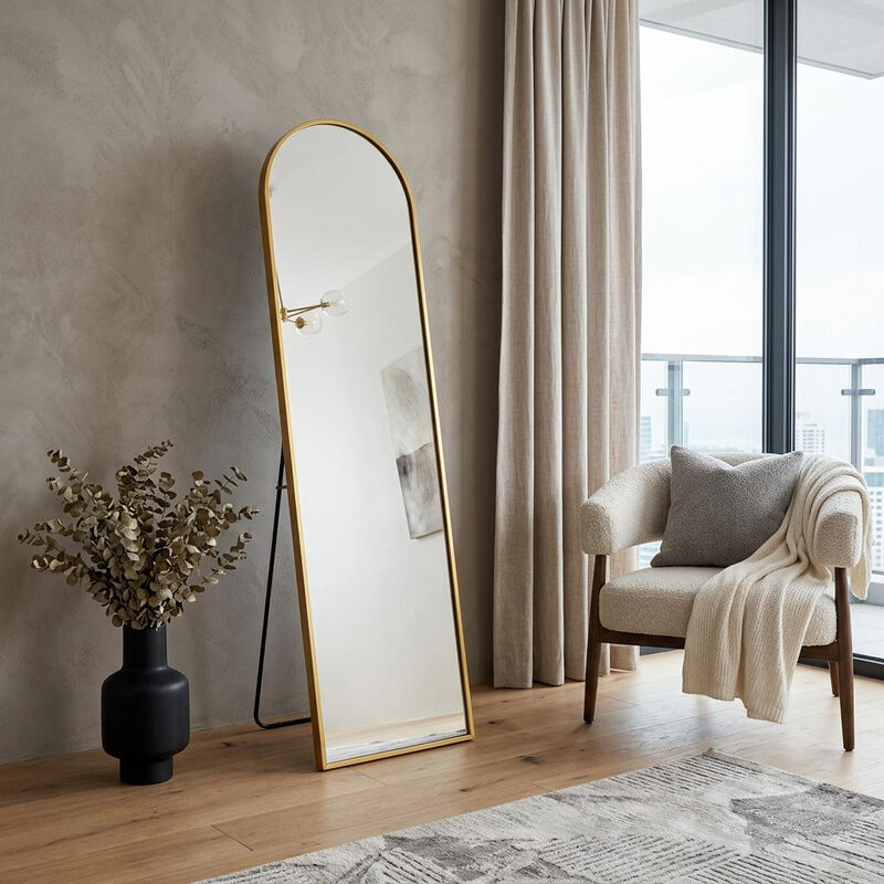 HomeRoots 57" Gold Aluminum Arch Freestanding And Wall Mounted Framed Full Length Mirror image number 1