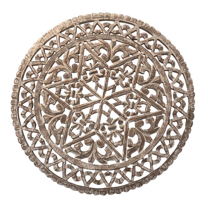 30 Inch Round Wooden Carved Wall Art with Intricate Cutouts, Distressed White-Benzara