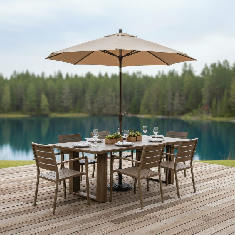Baily Outdoor Dining Table with Umbrella Hole, 84 Inch Brown Metal - Benzara image number 1