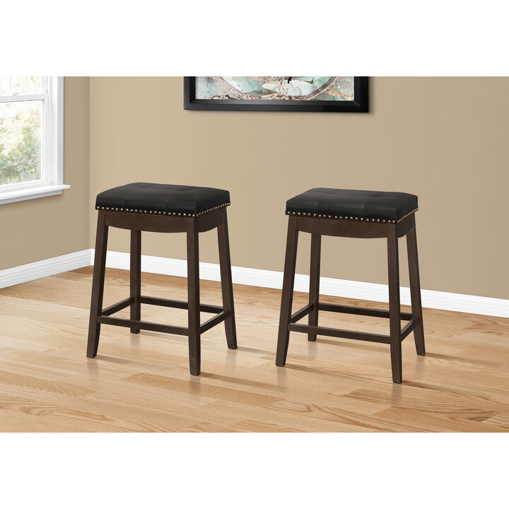 Monarch Specialties Bar Stool, Set Of 2, Counter Height, Saddle Seat, Kitchen, Wood, Pu Leather Look, Transitional