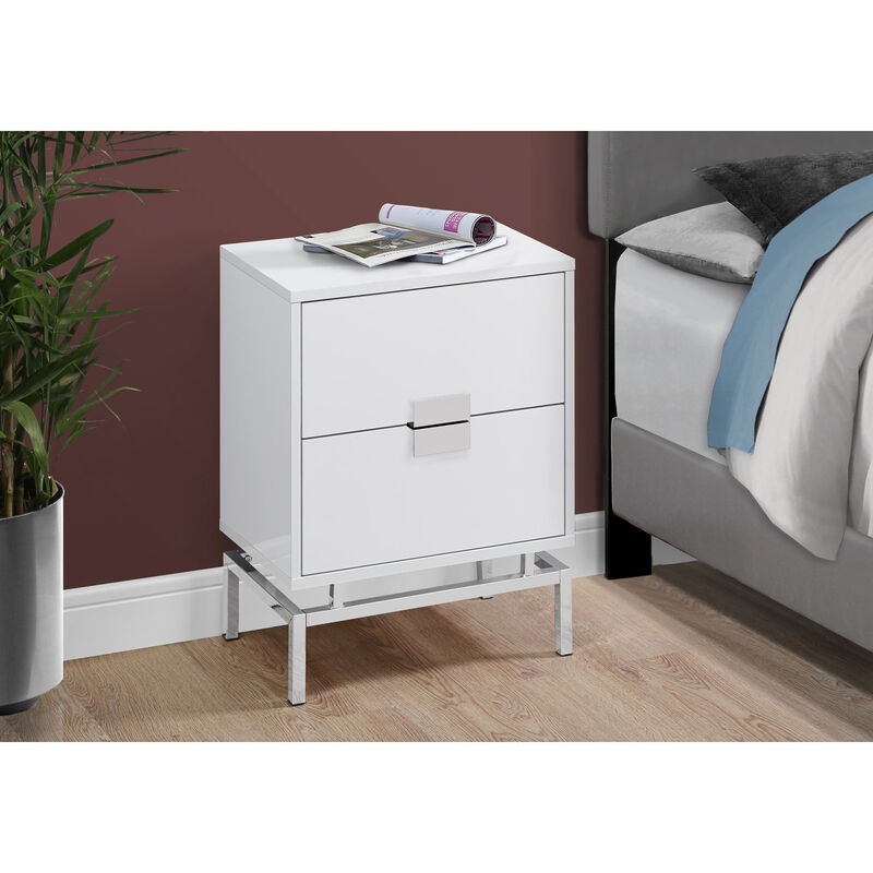 Monarch Specialties I 3490 Accent Table, Side, End, Nightstand, Lamp, Storage Drawer, Living Room, Bedroom, Metal, Laminate, Glossy White, Chrome, Contemporary, Modern