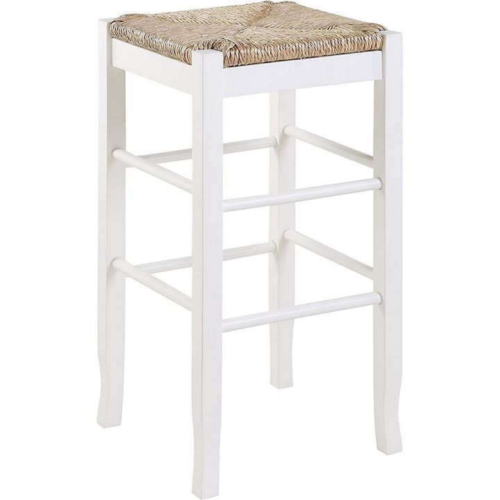 Square Wooden Frame Barstool with Hand Woven Rush, White and Brown-Benzara