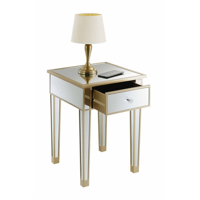 Convenience Concepts Gold Coast Mirrored End Table with Drawer, Champagne / Mirror