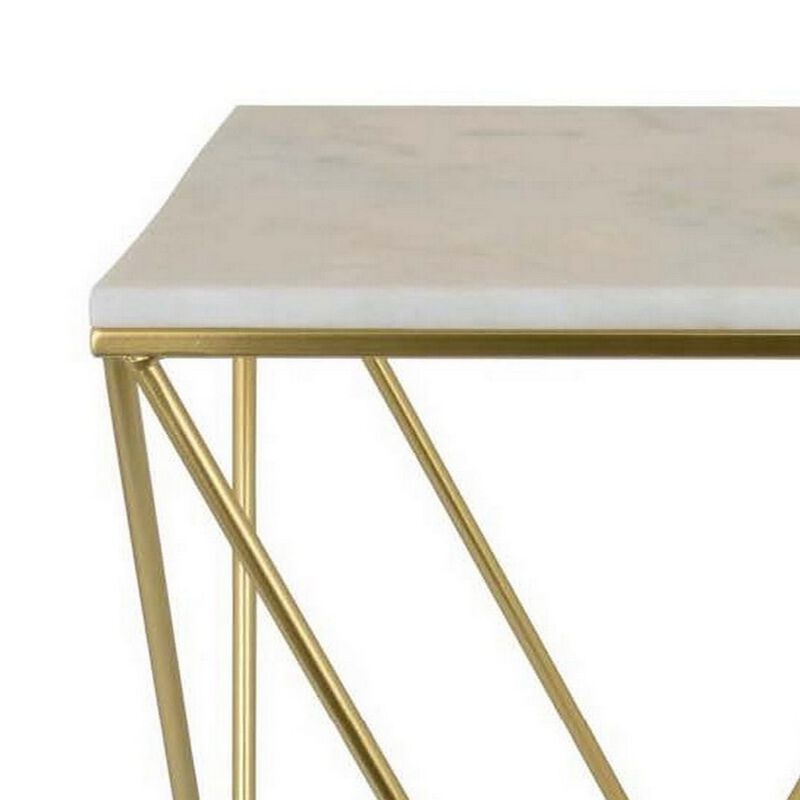 21 Inch Modern Plant Stand Side Table, Square White Marble Top, Gold Metal - Benzara