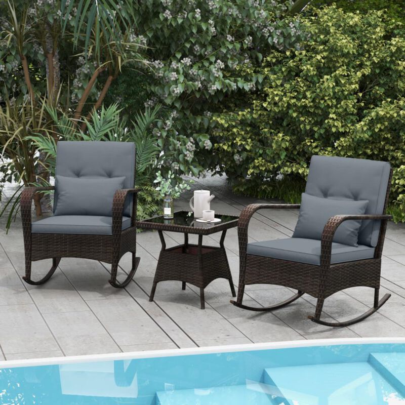 3 Piece Outdoor Rocking Set with Tempered Glass Coffee Table for Backyard Poolside image number 1