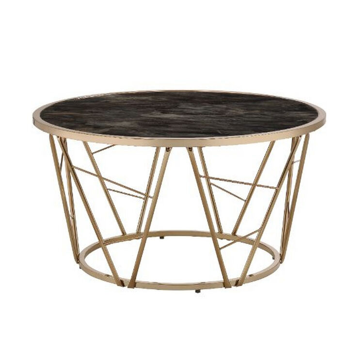 Coffee Table with Glass Top and Geometric Frame, Black and Gold-Benzara