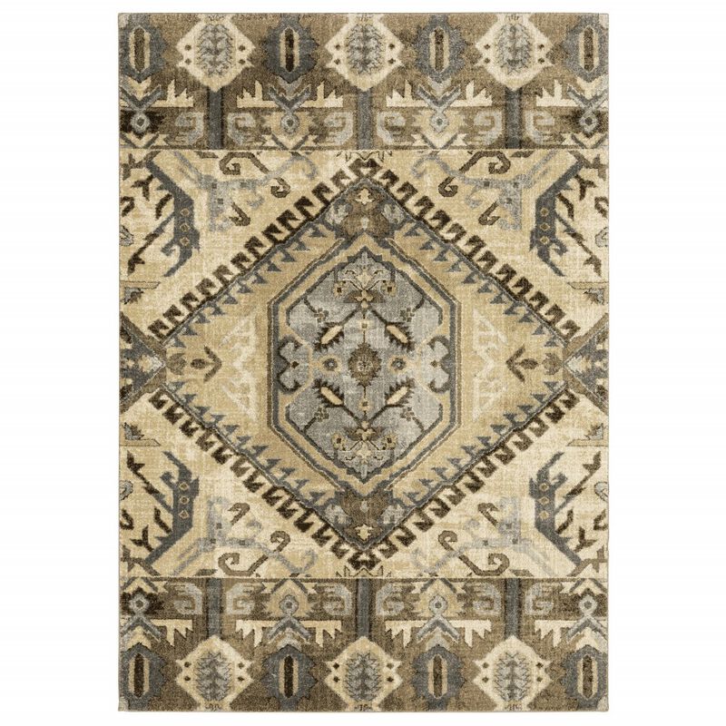 5 X 8 Tan And Gold Central Medallion Indoor Area Rug