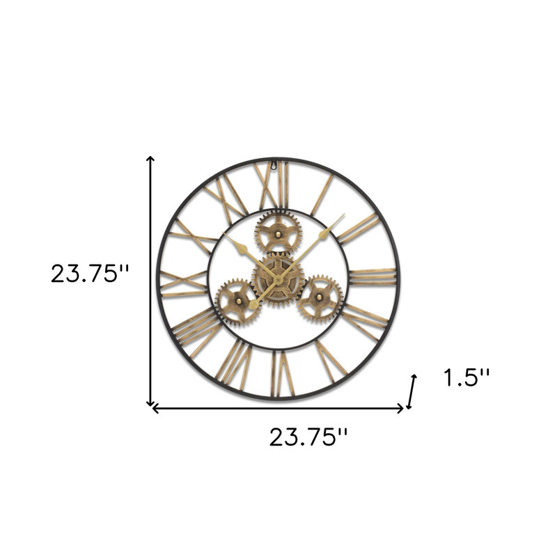 HomeRoots 24" Black And Gold Metal Analog Exposed Gear Round Wall Clock image number 2