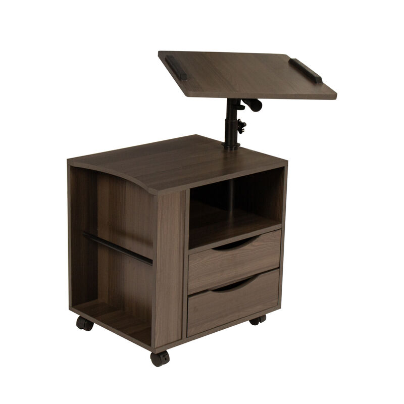 Height Adjustable Overbed End Table Wooden Nightstand with Swivel Top, Storage Drawers, Wheels and Open Shelf
