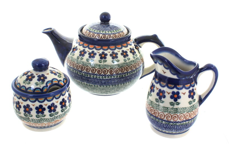 Blue Rose Polish Pottery Aztec Flower 3 Piece Tea Set