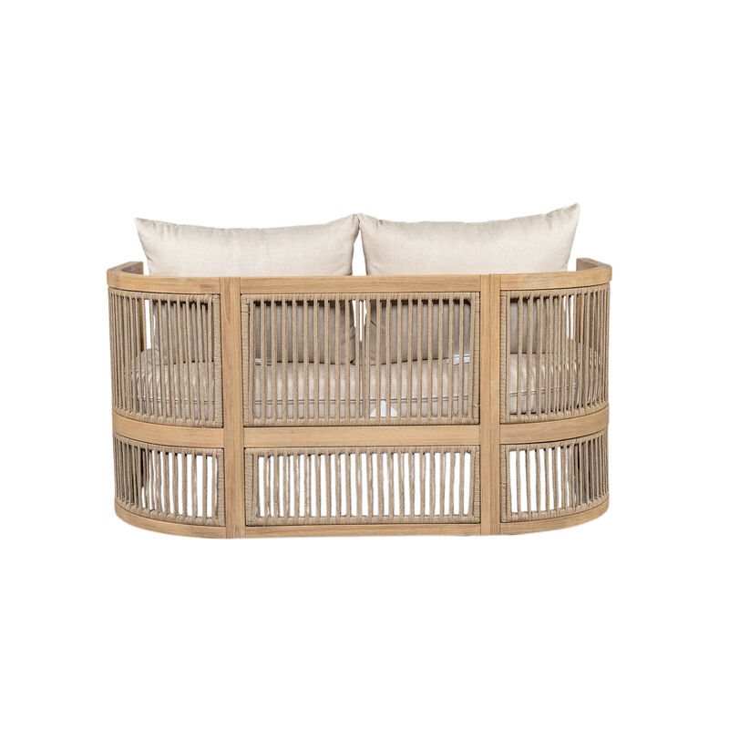 Christopher Knight Home Remy 54" Outdoor Acacia Wood Upholstered Loveseat with Curved Rope Weave Back image number 5