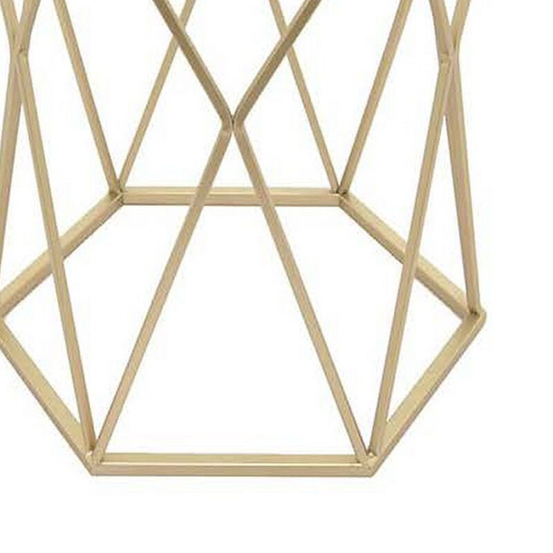 Plant Stand Table Set of 2, Hexagonal Top, Open Metal Frame, White, Gold - Benzara