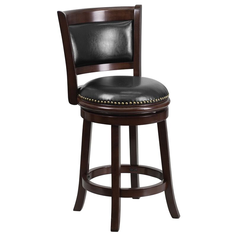 Flash Furniture Mark 24'' High Cappuccino Wood Counter Height Stool with Panel Back and Black LeatherSoft Swivel Seat