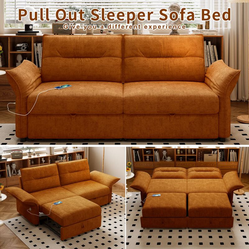 Convertible sleeper sofa bed, Plush fabric pull out futon with USB charging ports, 85 inch sofa bed for small spaces image number 4