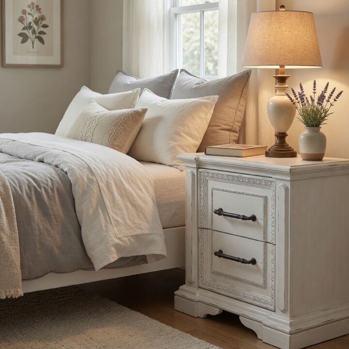 Jenie Nightstand, 2 Drawer and USB Port, Vintage White Wood 32 Inch