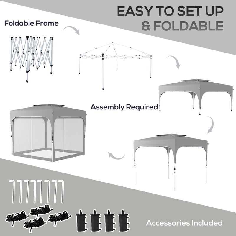 10' x 10' Pop Up Gazebo, Foldable Canopy Tent with Carrying Bag with Wheels, Mesh Sidewalls, 4 Leg Weight Bags and 3-Level Adjustable Height