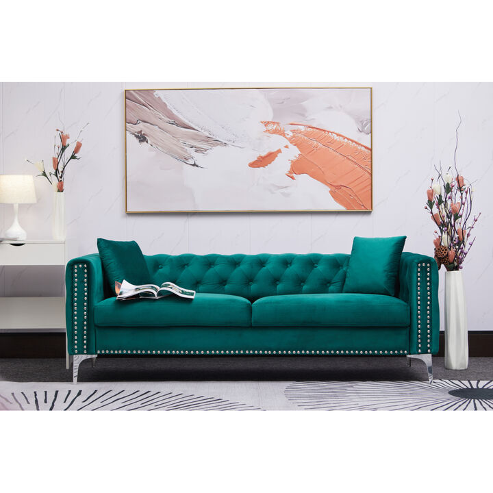 Sofa Includes 2 Pillows, 83 "Green Velvet Triple Sofa for Small Spaces