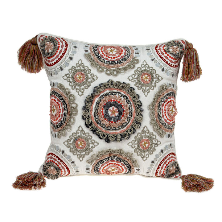 HomeRoots 18" Red and White Floral Cotton Throw Pillow With Embroidery, Tassels