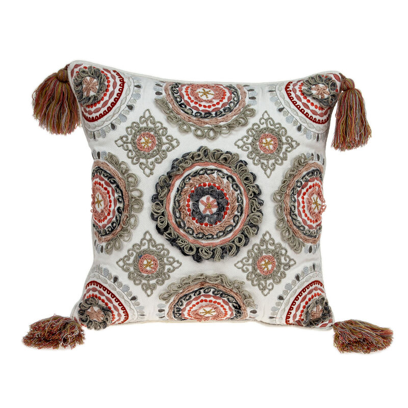 HomeRoots 18" Red and White Floral Cotton Throw Pillow With Embroidery, Tassels image number 0