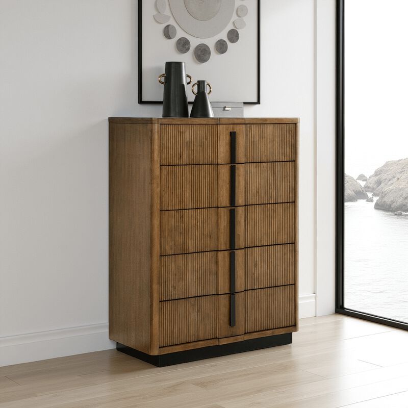 Reon Tall Dresser Chest, 5 Drawers, Decorative Reeded Ash Brown Black - Benzara