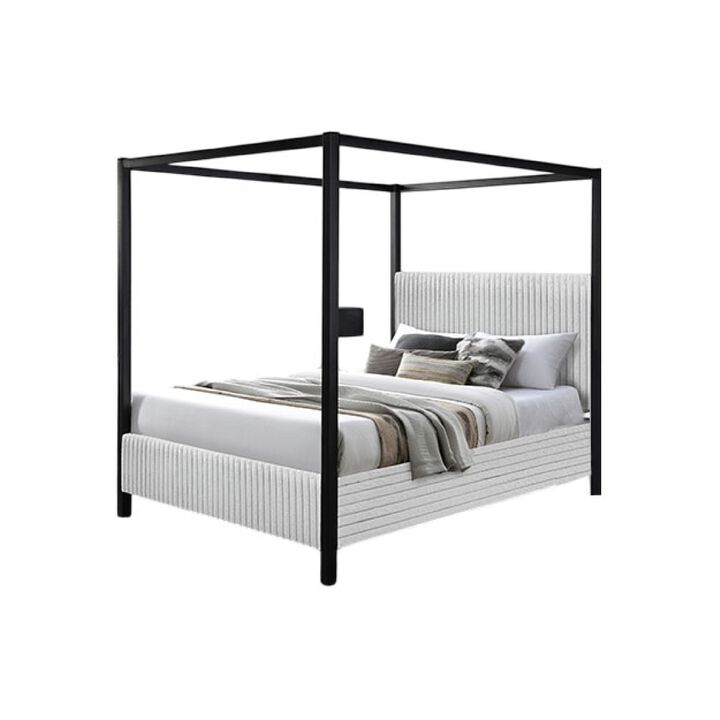 Keri Queen Canopy Bed, Black Slatted Wood Frame, White Upholstery