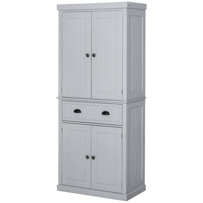 72" Gray Kitchen Pantry: Freestanding, Drawer, 4 Doors