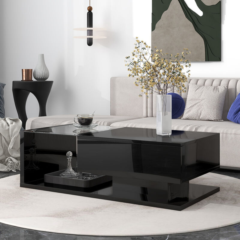 GOODSILO Modern White Coffee Table with Tempered Glass Top and Storage Drawer for Contemporary Living Room Decor image number 3