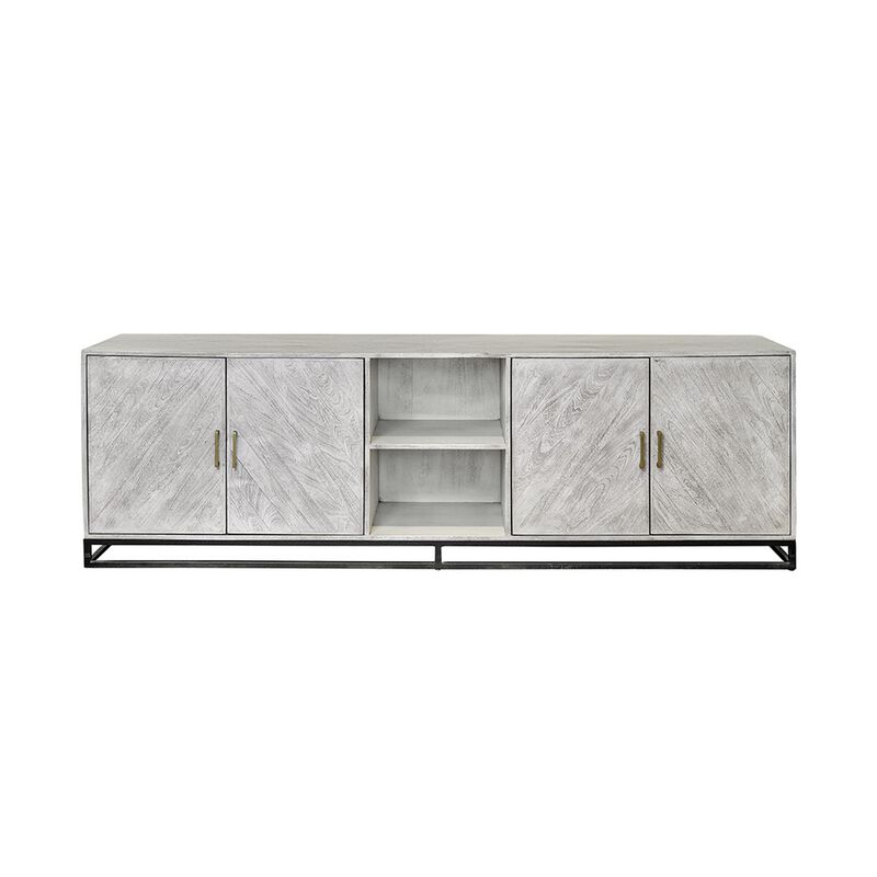 Jen 87 Inch Sideboard Cabinet, Doors, Shelves, Black Iron Stand, Cream Wood - Benzara