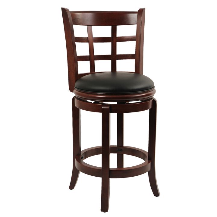 Sabi 24 inch Swivel Counter Stool, Solid Wood, Faux Leather, Brown, Black - Benzara