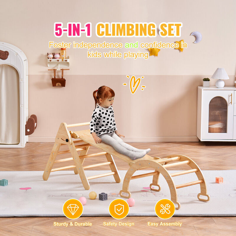 5-in-1 Pikler Triangle Set with Ramp and Arch, Indoor Wooden Climber for Toddlers 1&ndash;3