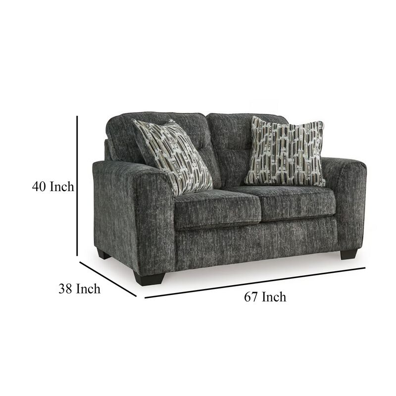 Layla Loveseat, Plush Dark Gray Polyester, 2 Accent Pillows, 67 Inch - Benzara