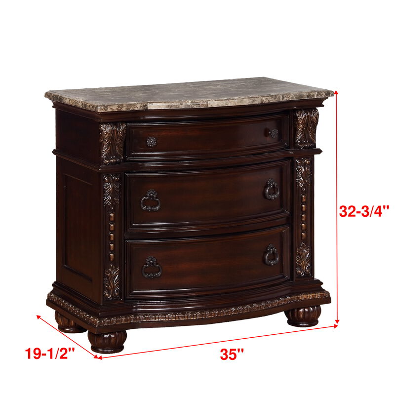 Streamdale 3-Drawer Nightstand with Marble Top in Rich Brown Cherry Finish