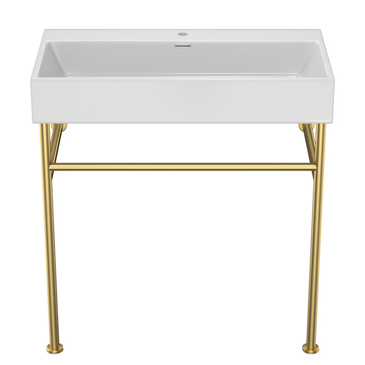 30" Bathroom Console Sink with Overflow, Ceramic Console Sink White Basin Gold Legs