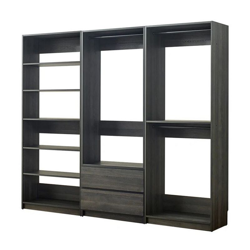 Dee Modular Closet System, 5 Floating Shelves, 2 Drawers, Black Wood - Benzara