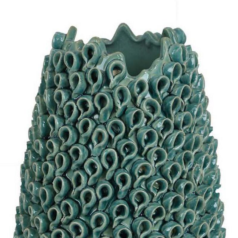 Accent Flower Vase, 3D Coral Textured Teal Green Ceramic 16 Inch - Benzara