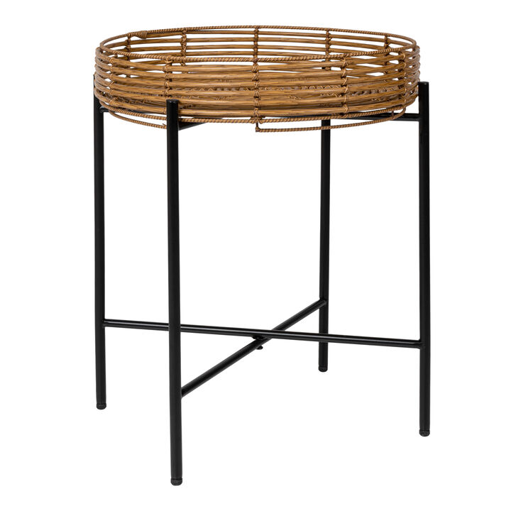 Malia Coastal Bohemian Faux Rattan Round Tray End Table with Metal Base