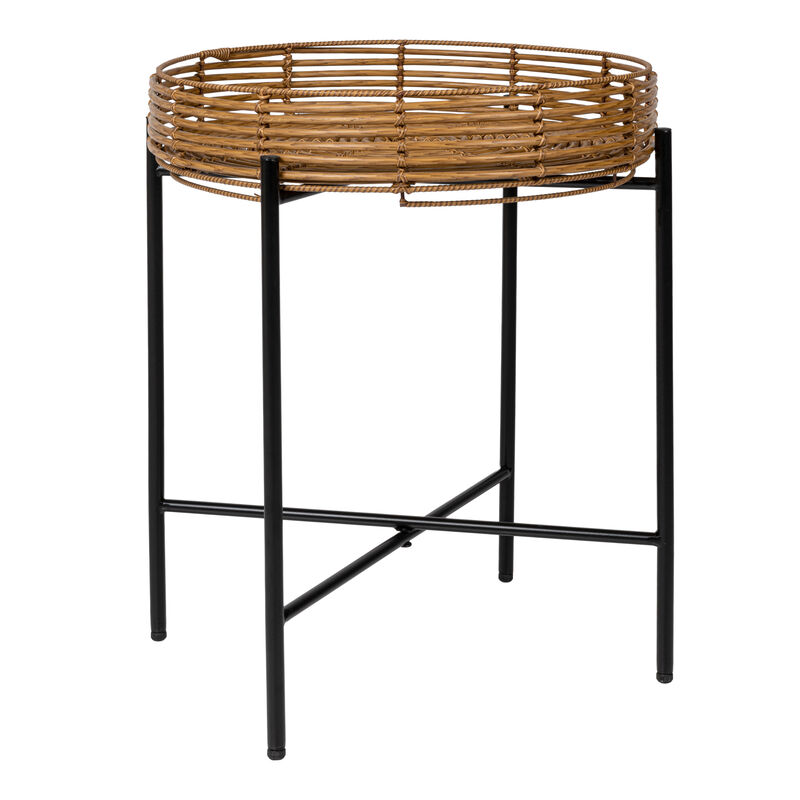 Malia Coastal Bohemian Faux Rattan Round Tray End Table with Metal Base image number 0