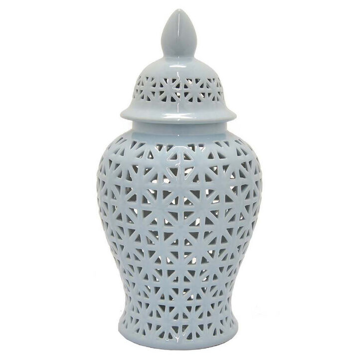 Deni 26 Inch Temple Jar, Ceramic Blue White Floral Cut Out Design with Lid - Benzara