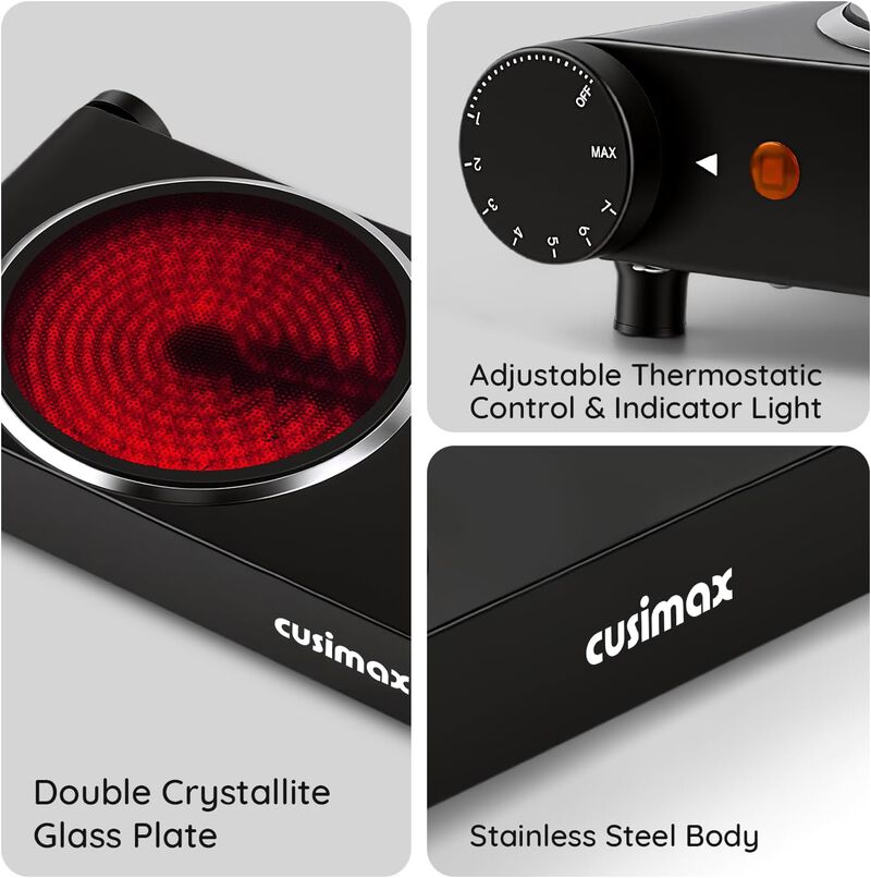 Cusimax 7.1 inch Portable Electric Hot Plate, 1800W Glass Dual Countertop Electric Cooktop, Stainless Steel Infrared Electric Stove image number 5