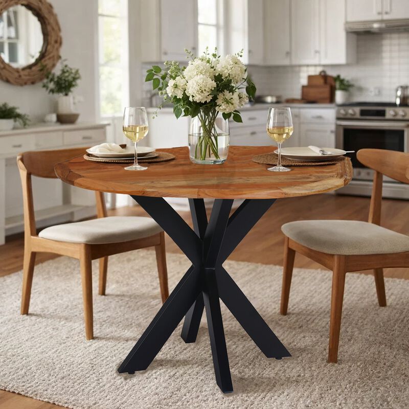 Kuri 41 Inch Handcrafted Live Edge Round Dining Table with a Natural Brown Acacia Wood Top and Black Iron Legs image number 1