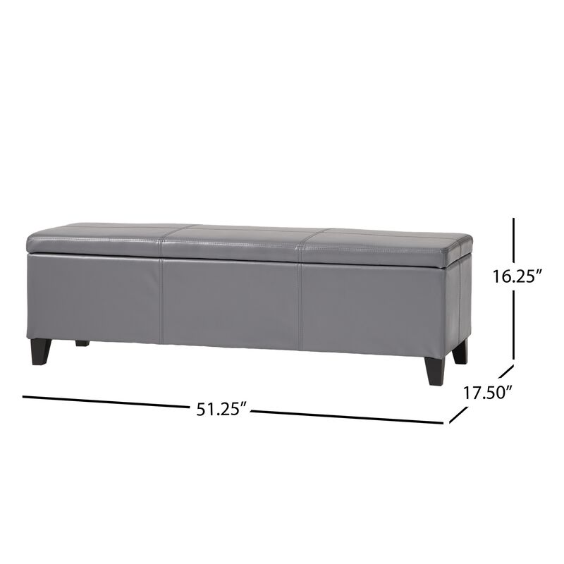 Elias Storage Ottoman Bench, Gray Faux Leather, Stitch Detail, 51 Inch - Benzara